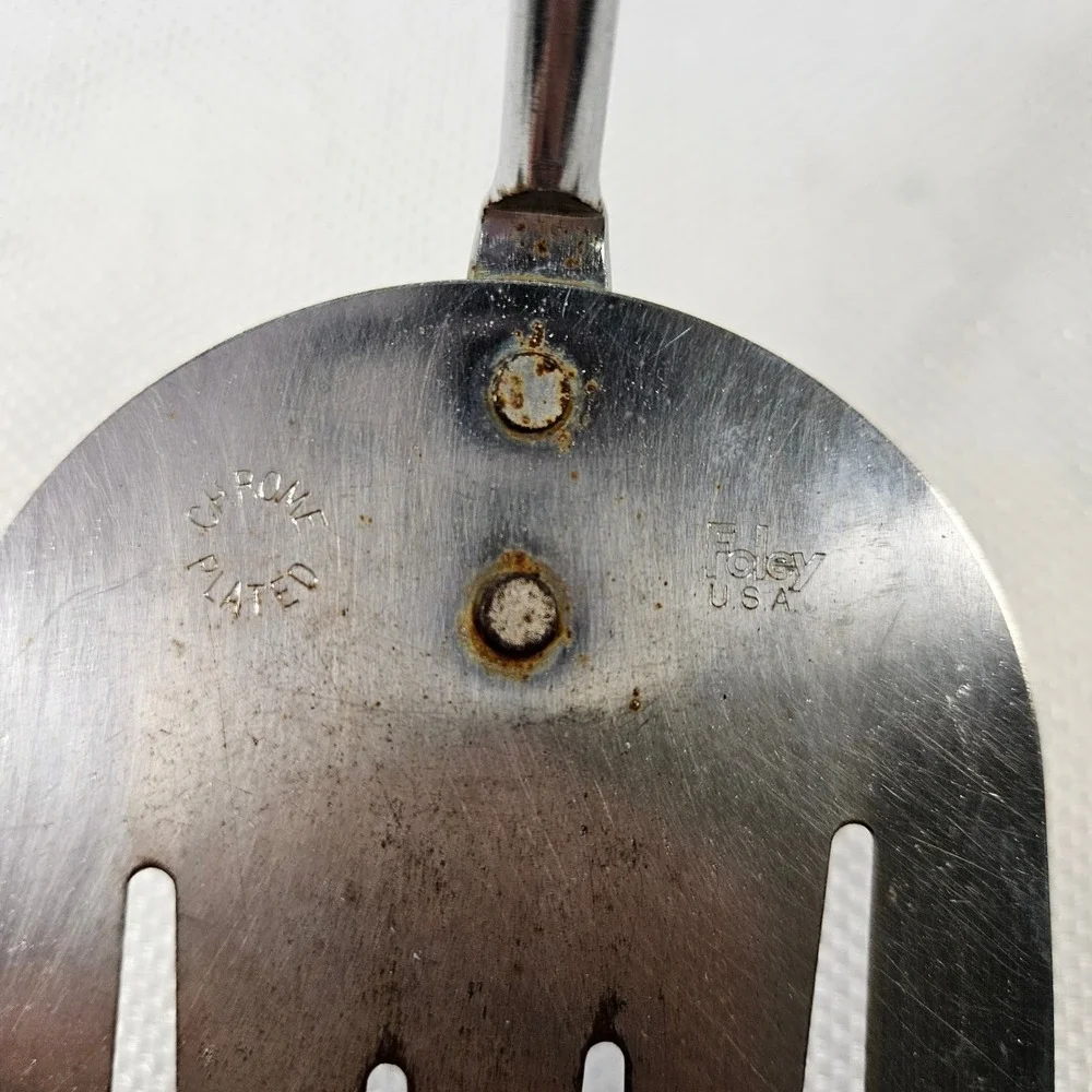 Vintage Foley USA Slotted Spatula Turner Chrome Plated Black Plastic Handle